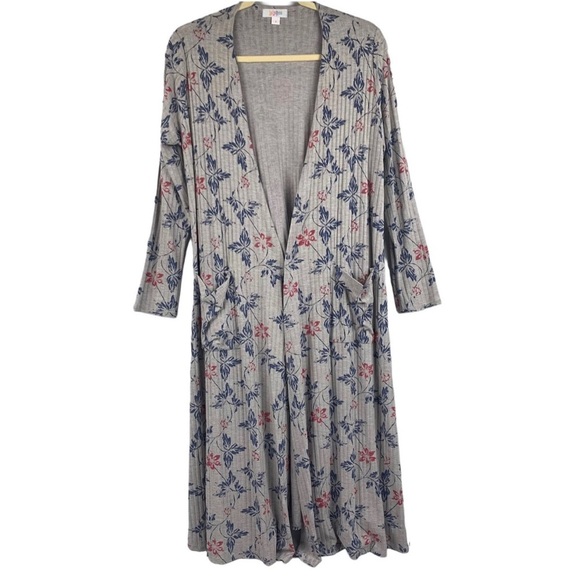 Size L LuLaRoe Sarah Cardigan Open Front Long Duster Gray Blue Red - Picture 1 of 5
